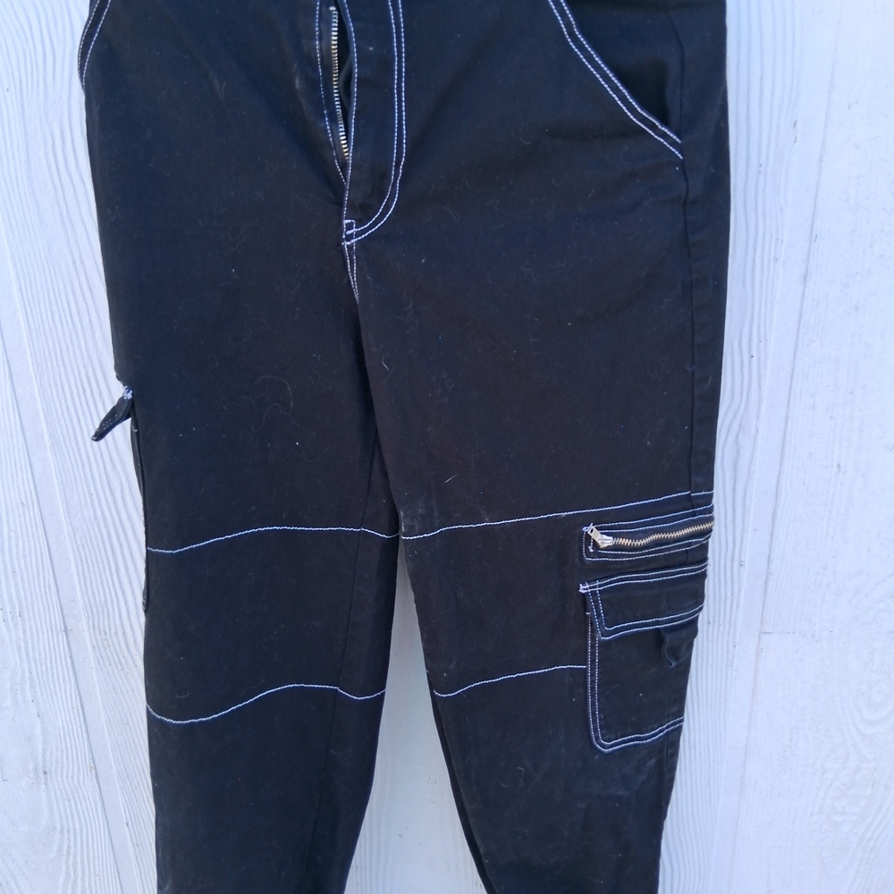 Women's Black Cargo Pants with White Stitching